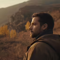 a young man with a goatee, hooded in brown stands on a rocky hillside looking off to the side