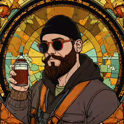 a man holding up a beer and wearing glasses,an image of a man with a beard holding a drink