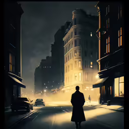 a man is walking across an empty street at night