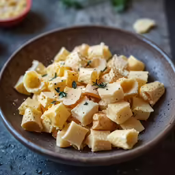 a plate full of potato salad next to some tomatos