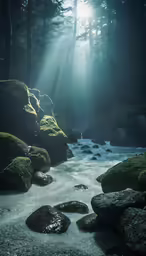 sunlight coming down from the tree onto a creek