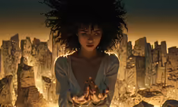 a woman is shown with hair flying in the air