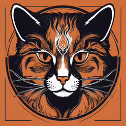a orange and black tiger face with a black circle,a cat looking straight ahead with a circular frame around it