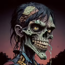 the head and shoulders of a skeleton with a long hair