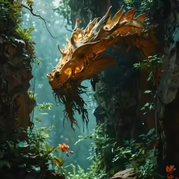 a big dragon in the forest with trees
