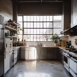 kitchen with metal appliances and a large window