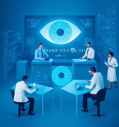 a group of people sit around computers that read and operate