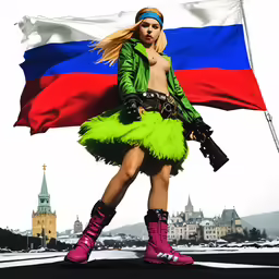 a girl holding a gun on the side of a flag
