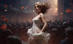 woman in flowing dress with arms behind her and eyes wide open