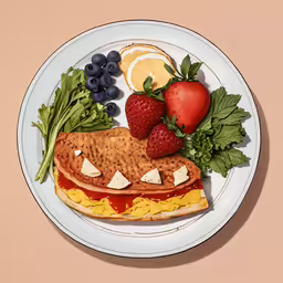 the plate has been decorated with an artfully presented sandwich,a sandwich on a plate with fruit and vegetables