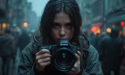 the girl is holding her camera up for a photo