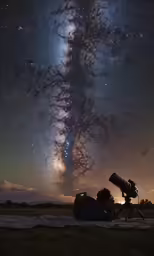 two people sitting down while watching the stars and their milky
