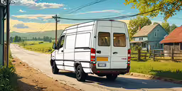 a white van is driving on a country road,an illustration of a white van driving down the street