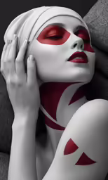 a woman with white skin wearing red face paint