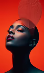 a woman with a red hat and a red background