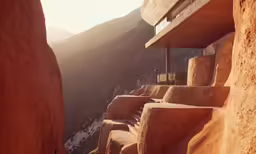 a mountain cliff with rocks and a house on it