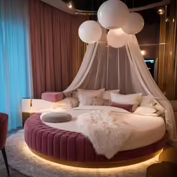 a bedroom with a bed, couch and lights