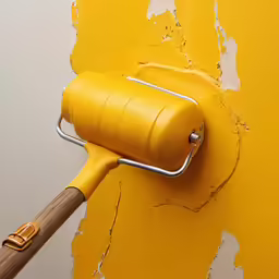 yellow paint being painted on the wall by a paint roller