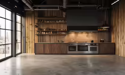 an empty kitchen with open shelves in a building