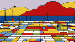 the bright lines and colors of this artwork make it seem that there are only certain shapes,an illustration of the landscape with mountains in the background