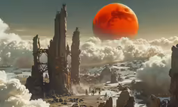 a sci - fi scene from the movie star wars with a giant, red moon above and a very distant city with towers, mountains, mountains and people