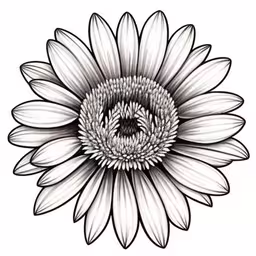 an intricate flower is shown in black and white,a sunflower in ink drawing form