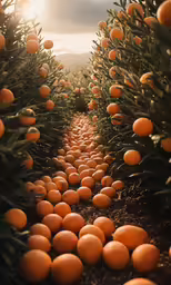 a group of oranges in a field near a tree