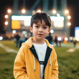 the boy is wearing a yellow jacket in front of a large crowd