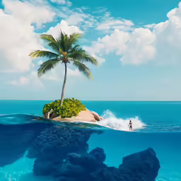 there is a palm tree that can be seen in the water