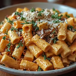 the pasta dish is loaded with sauce, cheese, and herbs