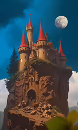 a castle on top of a hill with mountains and trees