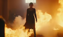 a woman in a dark dress is standing on fire