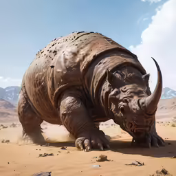 a large rhino in a desert setting with mountains in the background