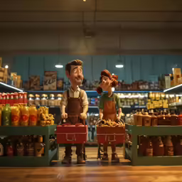 two people with little red boxes and a man that is standing behind them