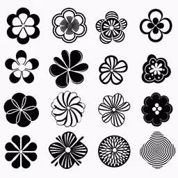 flower shapes that appear to be made in black and white,several different flower shapes on white background