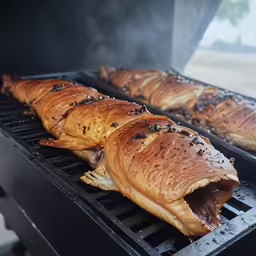 bread is being cooked on a grill outdoors