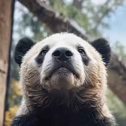 a panda bear posing for the camera near a tree