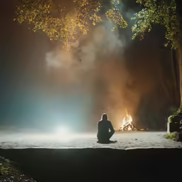 a person is sitting in front of the fire