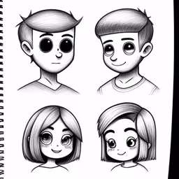 some people are drawn on paper with their faces,the faces of four children drawn with markers