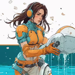 a girl in headphones holding a can