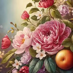 an oil painting of flowers, apples and leaves on a table