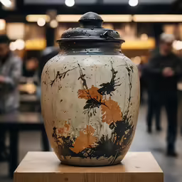 a black and white pot on a wooden base