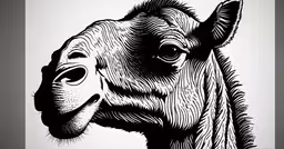 a black and white drawing of a camel,a zebra with the pattern of lines drawn on it