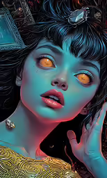 a woman is shown with colorful eyes in a psychedelic style image