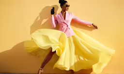 a woman in a yellow dress poses for the camera