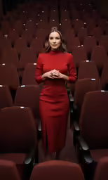 a woman in red stands in front of a red audience