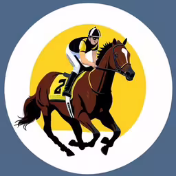 horse in front of round white frame with racer emblem,a horse racing in front of a yellow circle