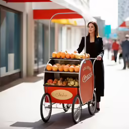a woman pushing a cart full of oranges down the street