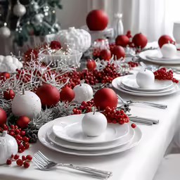 plates set on top of a table in front of a christmas tree