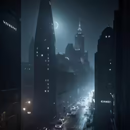 foggy downtown street in a downtown city at night